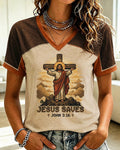 Contrast Stitching Open Arms Jesus Cross JESUS SAVES Verses Printed Women's V-Neck Short Sleeve T-Shirt