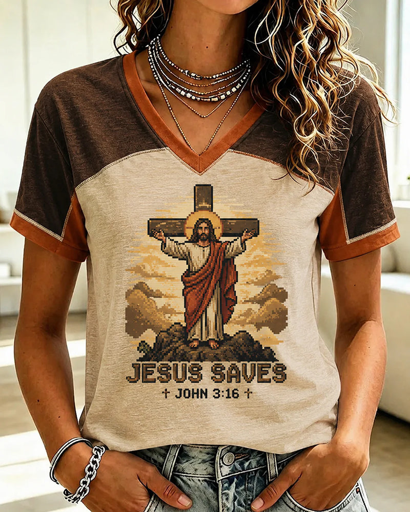 Contrast Stitching Open Arms Jesus Cross JESUS SAVES Verses Printed Women's V-Neck Short Sleeve T-Shirt