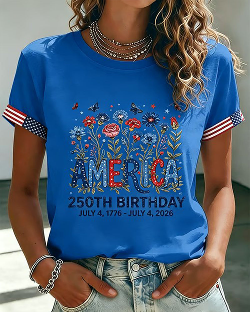America 250 Anniversary Floral Butterfly Print Round Neck Short Sleeve Tee
