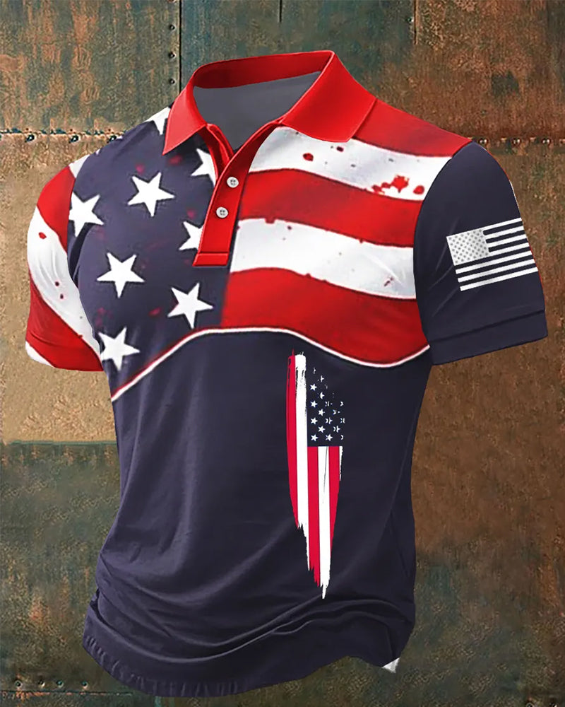 Old Blood Stain Wind Tear Stars And Stripes American Men's Short-sleeved Polo Shirt