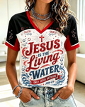 JESUS IS THE LIVING WATER Print V-neck Short Sleeve Tshirt