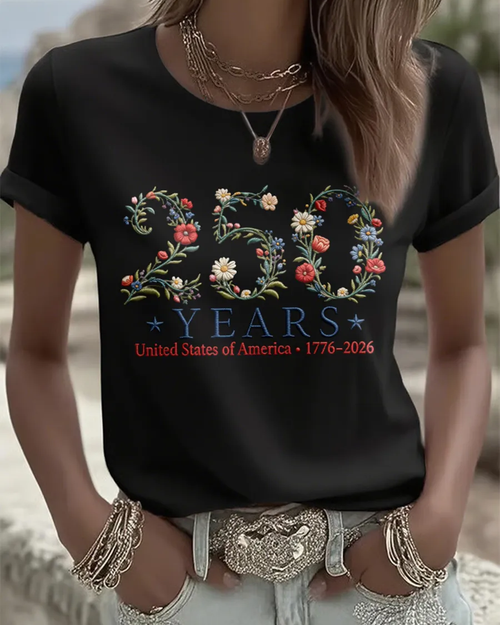 100% Cotton 250 American Embroidered Pattern Print Crew Neck Short Sleeve Tshirt