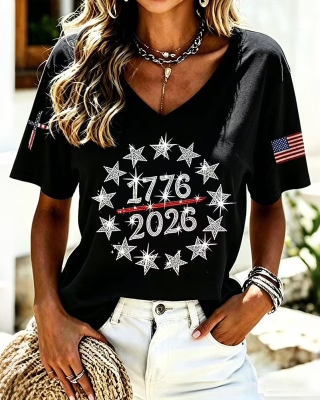 Women's Anniversary Hot Drill Art Print V-neck Short Sleeve Tshirt