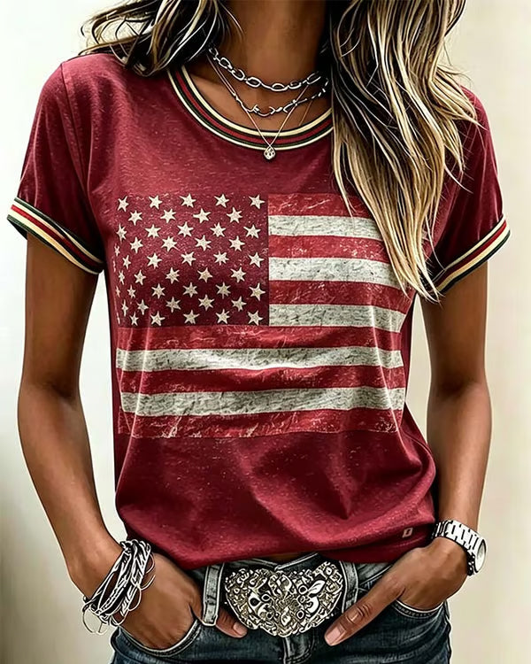 Retro Flag Stripe Patchwork Print Crew Neck Short Sleeve Tshirt