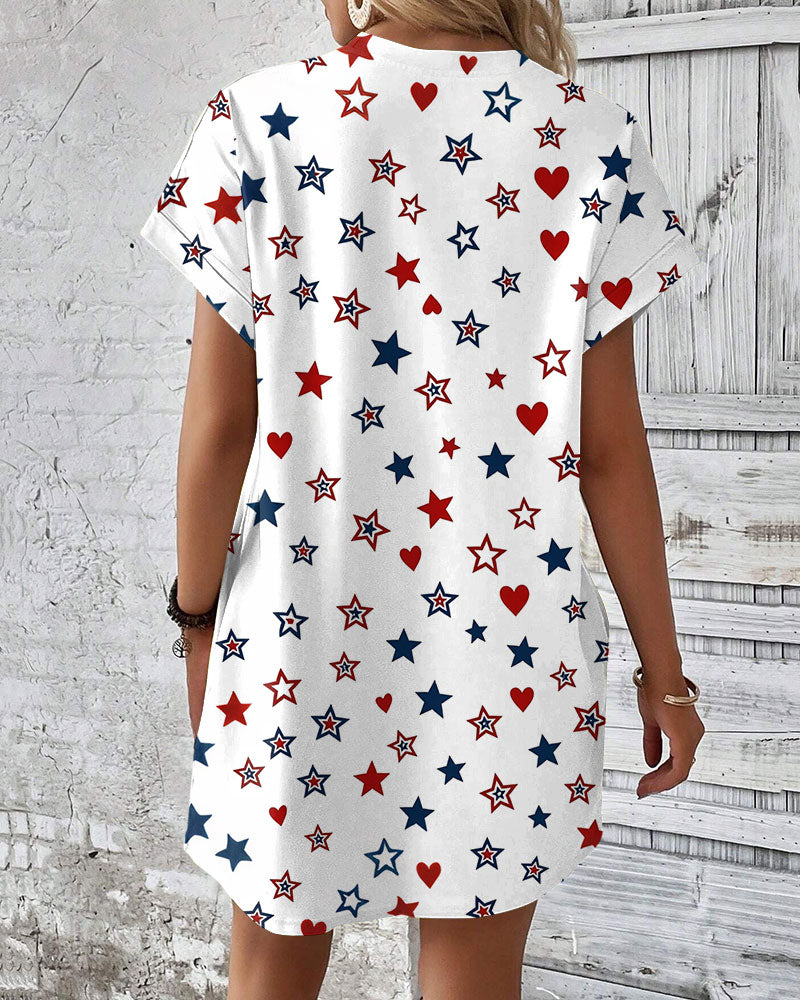 Contrasting Color Stars and Hearts Crew Neck Pockets Mini Dress
