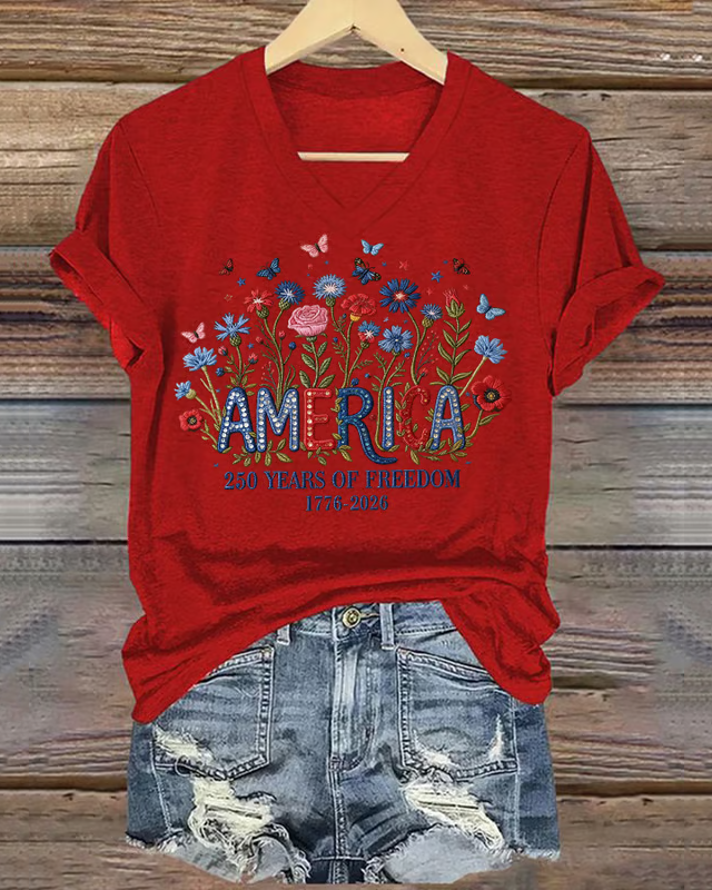 100% Cotton Women's casual retro American 250th Print V-neck Short Sleeve Tshirt