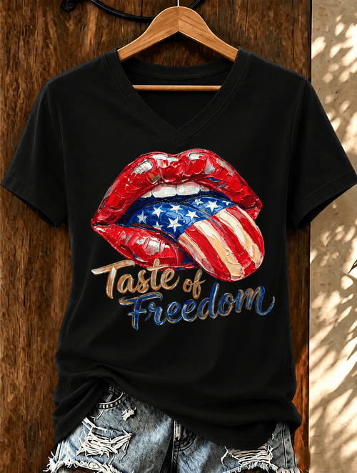 100% Cotton Patriotic Lips American Flag V Neck Short Sleeve Tshirt