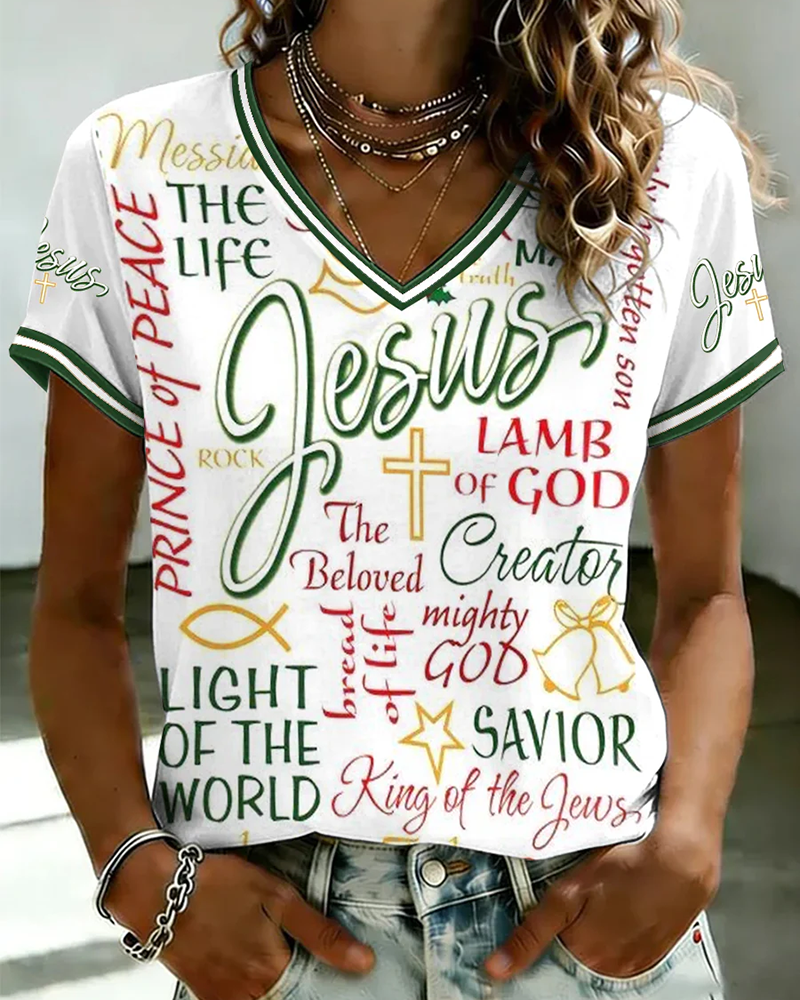Faith Letter Graffiti V-neck Short Sleeve Tshirt