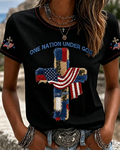 Women's Christian One Nation Under God Cross Crew Neck Short Sleeve Tshirt