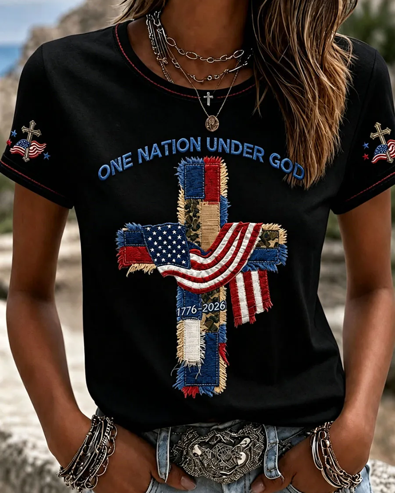 Women's Christian One Nation Under God Cross Crew Neck Short Sleeve Tshirt