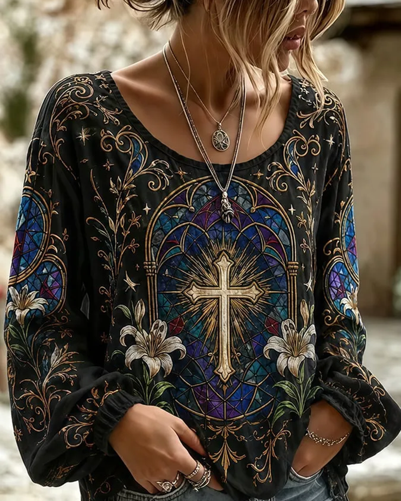 Fun Flower Cross Print Round Neck Puff Sleeves Blouse