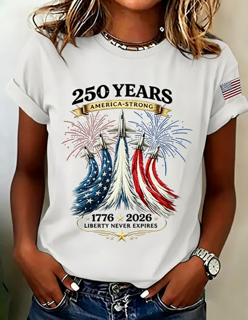 100% Cotton 250 Years of America Patriotic Graphic 4th of July Crew Neck Short Sleeve Tshirt
