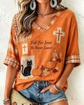 Fall for Jesus He Never Leaves Print V-neck Loose T-shirt