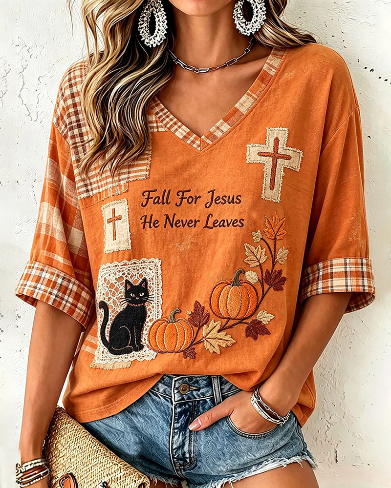 Fall for Jesus He Never Leaves Print V-neck Loose T-shirt