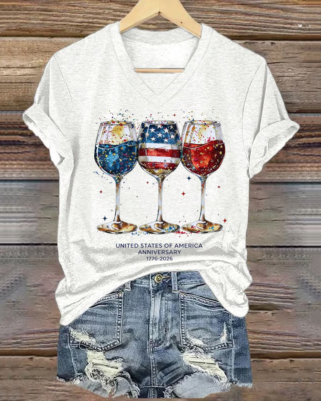 100% Cotton Women's 250th Anniversary Wine Glass Celebration V-neck Short Sleeve Tshirt