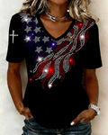 American Flag Star Striped Rhinestone Wings Printed Black V-Neck Short Sleeve Tee