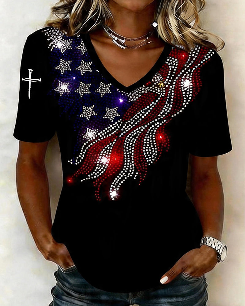American Flag Star Striped Rhinestone Wings Printed Black V-Neck Short Sleeve Tee