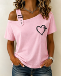Simple Love Pin Printing Shoulder Shoulder Casual Short-sleeved T-shirt