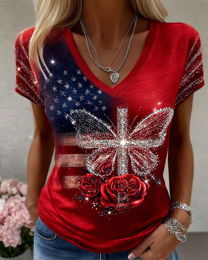 American Flag Rose Cross Butterfly Rhinestone Print Red V-Neck Short Sleeve Tee