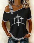 Women's Cross-Trim Cross-Shoulder Short-Sleeve Top