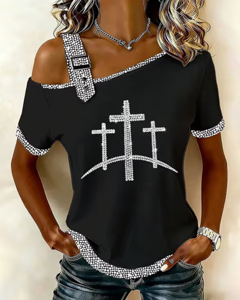 Women's Cross-Trim Cross-Shoulder Short-Sleeve Top