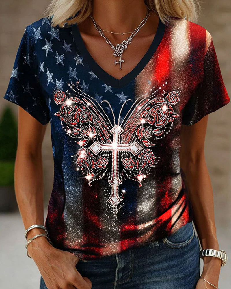 American Flag Rose Cross Butterfly Rhinestone Print V-Neck Short Sleeve Tee