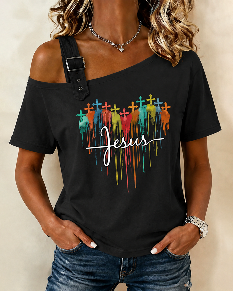 Colorful Drip Cross JESUS Letter Print Cross Shoulder Short Sleeve T-Shirt