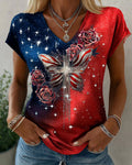 American Flag Rose Stripe Cross Butterfly Rhinestone Print V-Neck Short Sleeve Tee