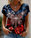 Star Rose Cross Butterfly Rhinestone Print V-Neck Short Sleeve Tee