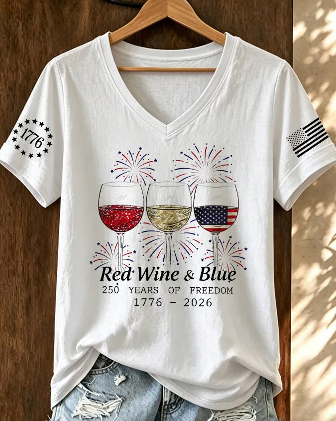 100% Cotton 1776–2026 Wine Glass Design V Neck Short Sleeve Tshirt