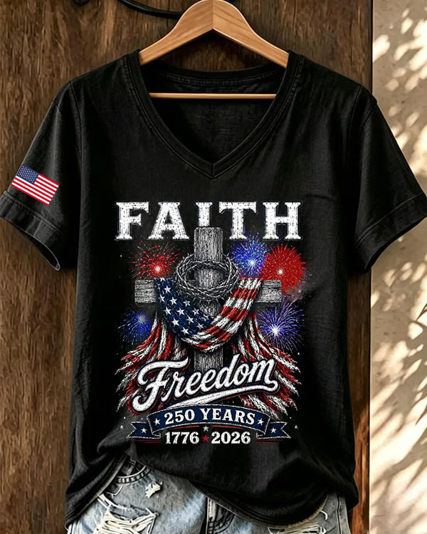 100% Cotton USA 250th Anniversary V Neck Short Sleeve Tshirt