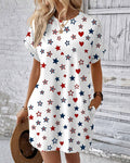 Contrasting Color Stars and Hearts Crew Neck Pockets Mini Dress