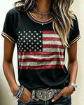 Retro Flag Stripe Patchwork Print Crew Neck Short Sleeve Tshirt