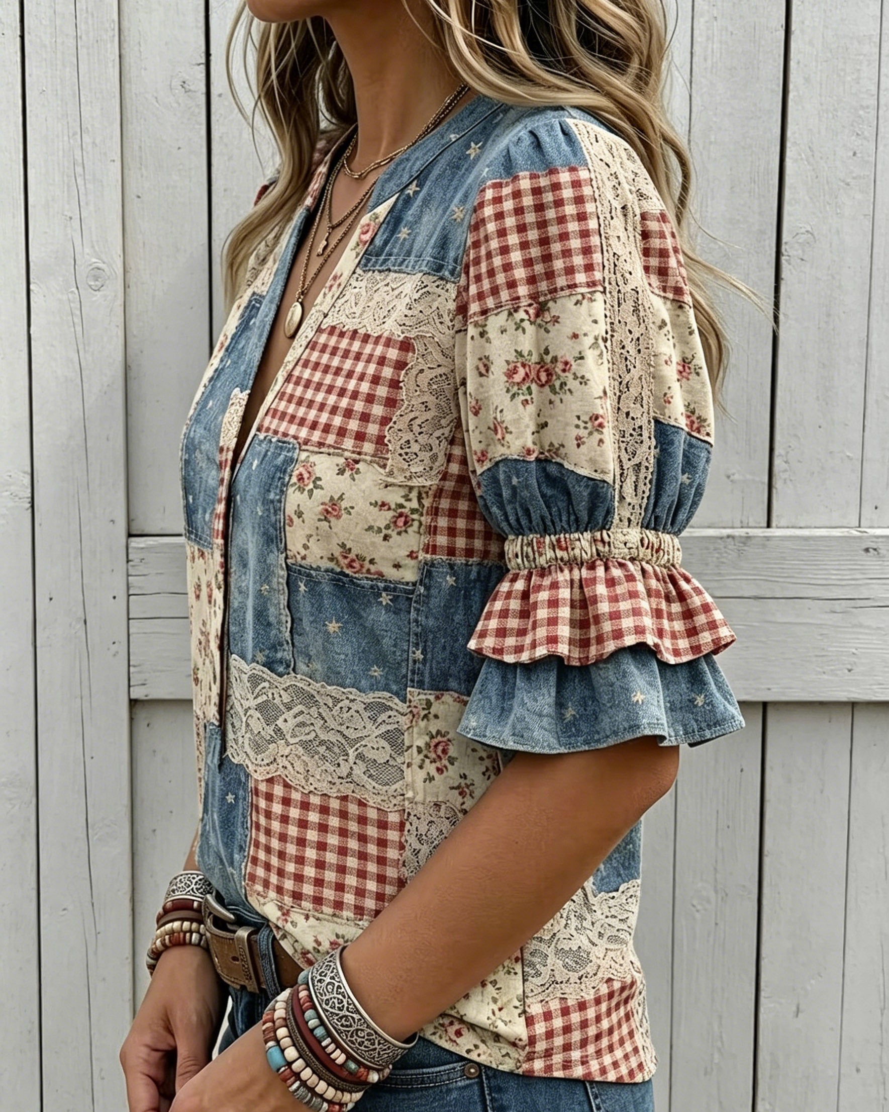 Checkered Floral Lace Patchwork Print V-neck Puff Sleeve Ruffle Shirt