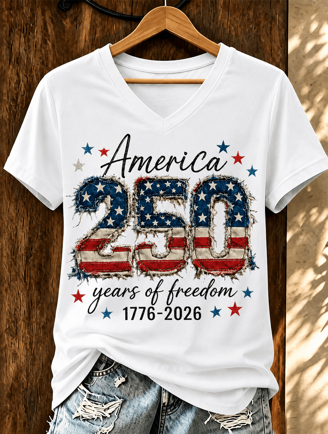 100% Cotton 250th Anniversary Faux Patchwork V Neck Short Sleeve Tshirt