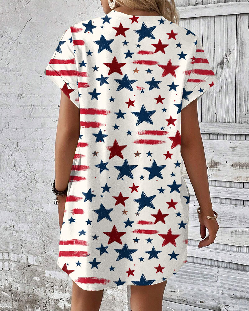 Graffiti Stripes and Stars Crew Neck Pockets Mini Dress
