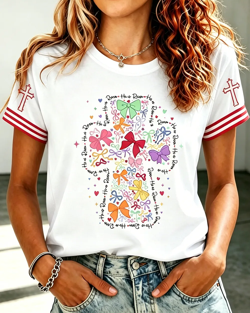 Women's Fun Bow and Cross Print Short Sleeve T-Shirt