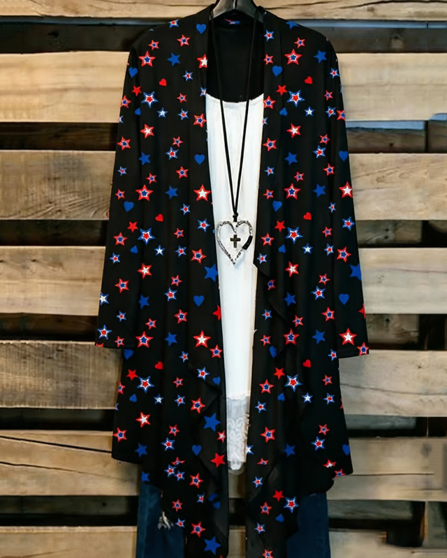 Contrasting Color Stars and Hearts Long Sleeve Casual Longline Cardigan