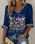 IT Is Well with My Soul Print V-neck Loose T-shirt