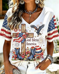 God Blessed American Print V-neck Short Sleeve Tshirt
