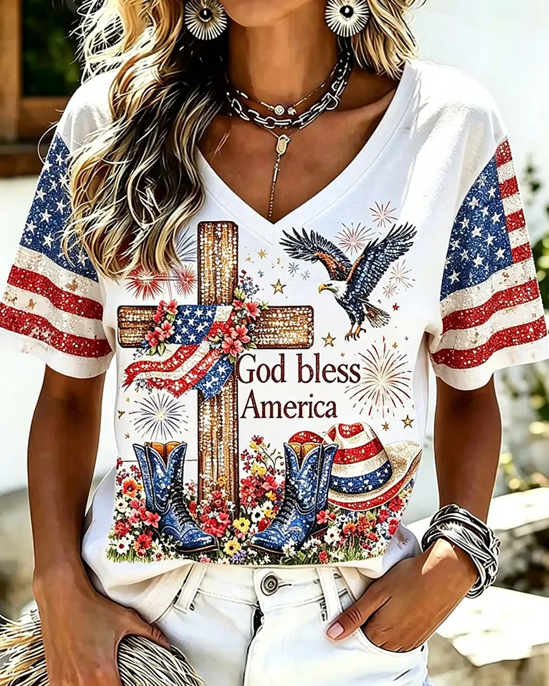God Blessed American Print V-neck Short Sleeve Tshirt