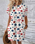 Graffiti Stripes and Stars Crew Neck Pockets Mini Dress