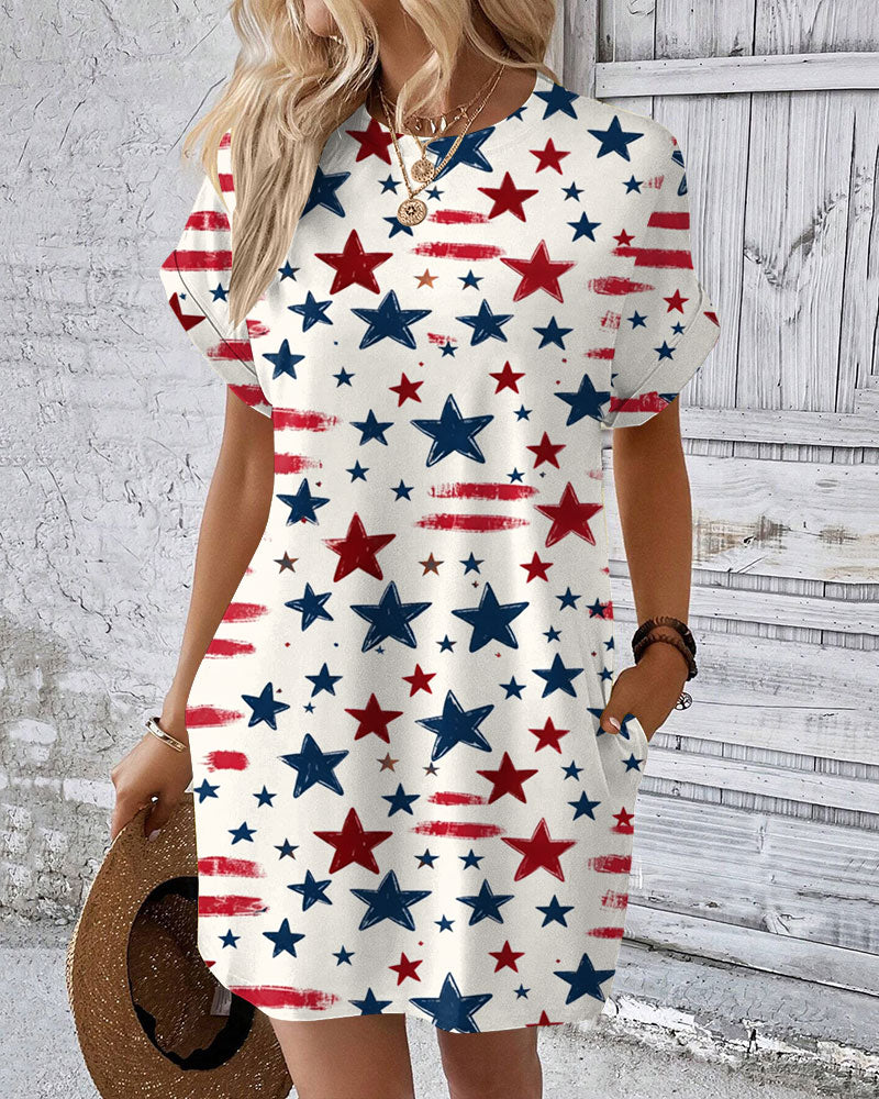 Graffiti Stripes and Stars Crew Neck Pockets Mini Dress