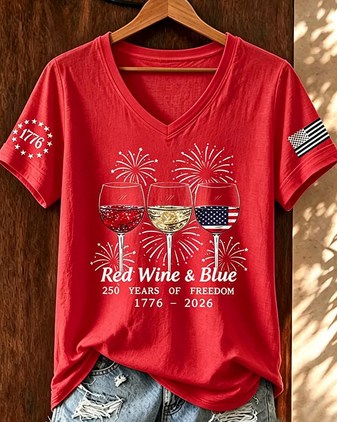 100% Cotton 1776–2026 Wine Glass Design V Neck Short Sleeve Tshirt
