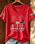 100% Cotton 1776–2026 Wine Glass Design V Neck Short Sleeve Tshirt