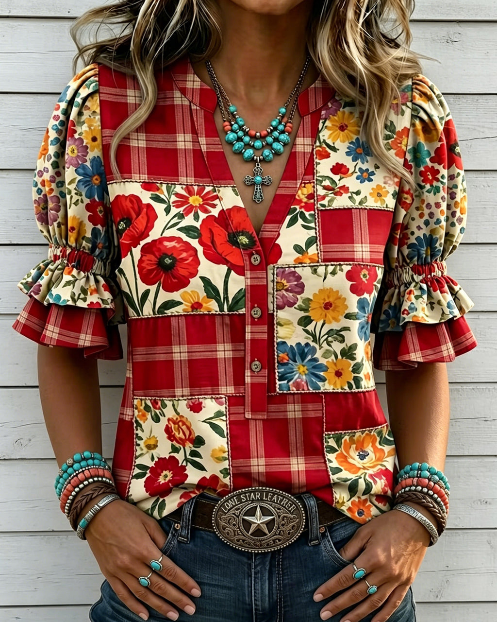Red Plaid Flowers Print V-neck Puff Sleeve Ruffle Shirt