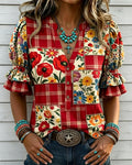 Red Plaid Flowers Print V-neck Puff Sleeve Ruffle Shirt
