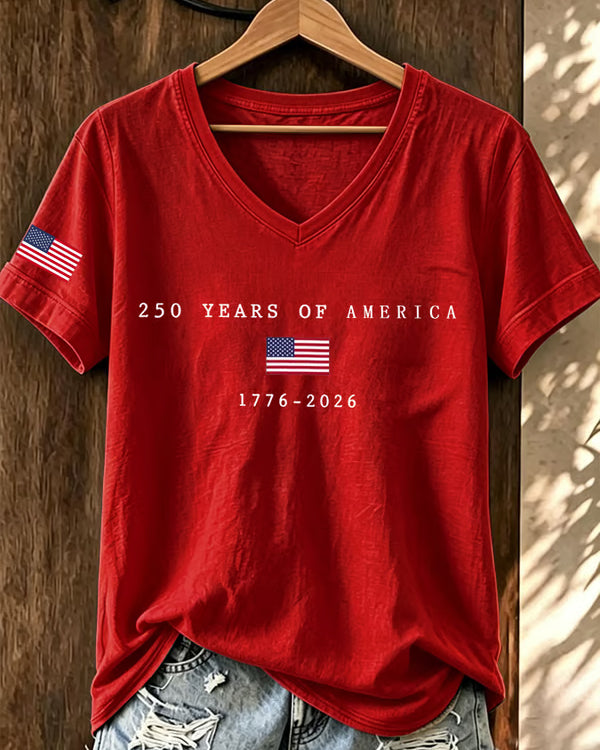 100% Cotton 250 Years Freedom Sublimation V Neck Short Sleeve Tshirt