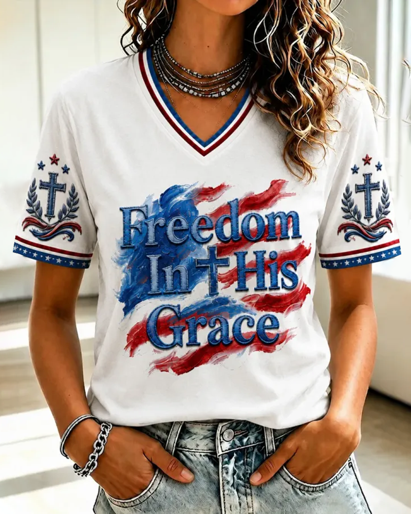 Free Nation Graffiti Print V-neck Short Sleeve Tshirt