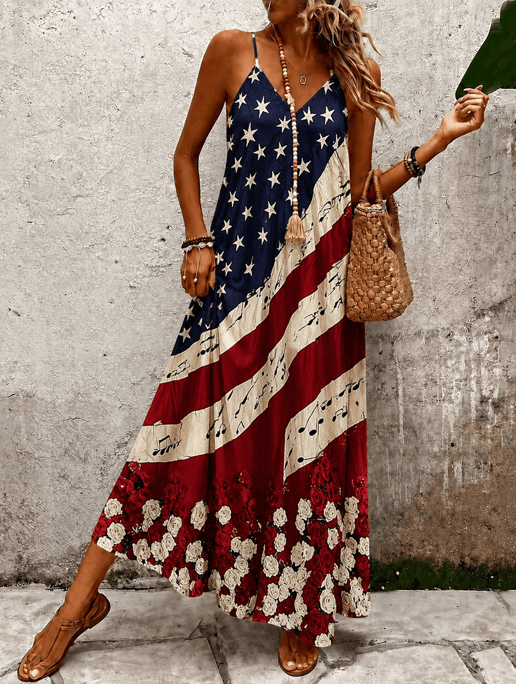 Sling American Flag Rose Splicing Print Pocket Maxi Dress